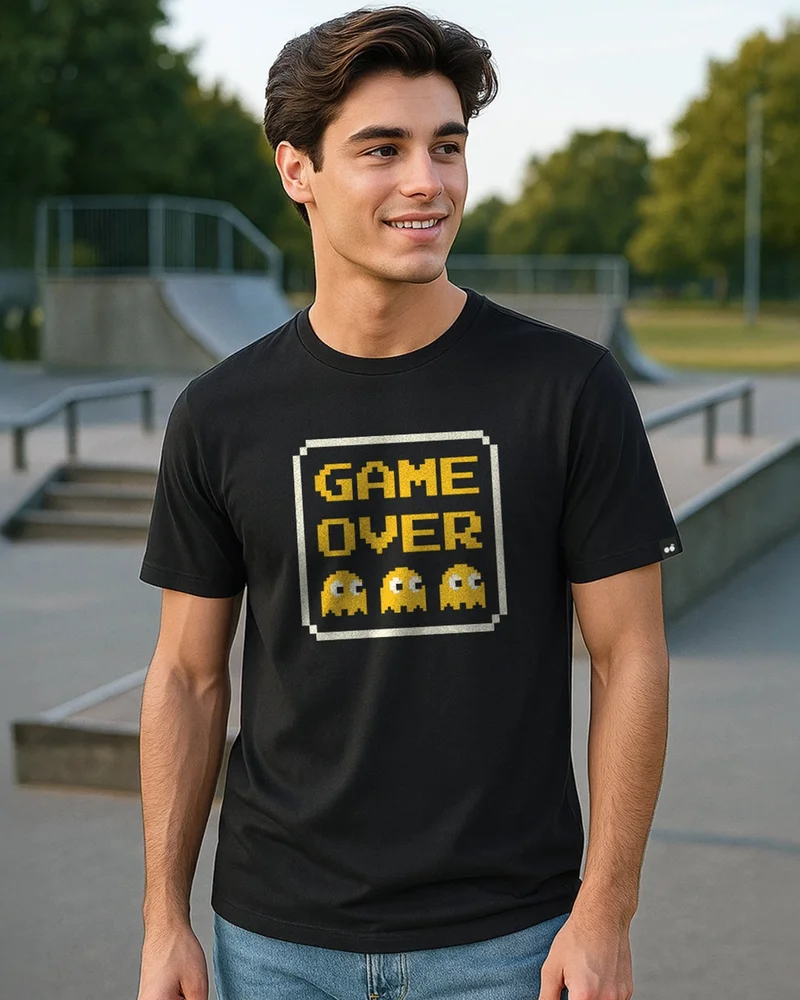 bewakoof Men's Jet Black Game Over Graphic Printed T-shirt